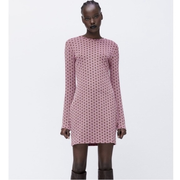 Zara Bodycon Long Sleeve Print Dress 70s 60s Size Large Mauve Brown - Picture 1 of 8